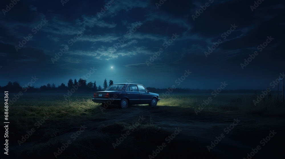 Car in the field at night with moonlight. - obrazy, fototapety, plakaty 