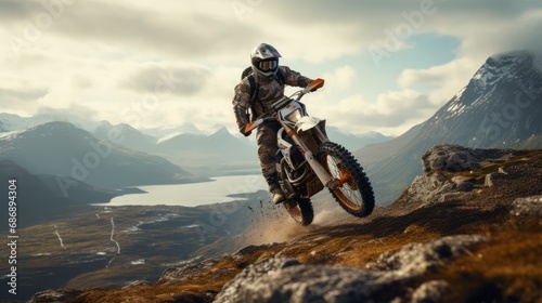 Person on a dirt bike on top of a mountain © pixcel3d