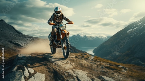 Man riding a dirt bike on top of a mountain