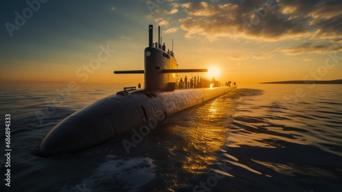 Submarine in the sea at sunset photo
