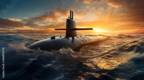 Submarine in the sea at sunset