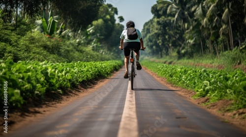 The country road is being explored by a cyclist on a bike.