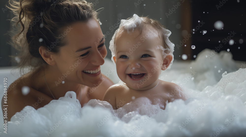 Young toddler and his mom happily smiling enjoying their first bath together with bubbles childhood and motherhood joy
