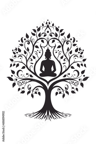 buddha sitting inside of a tree of life