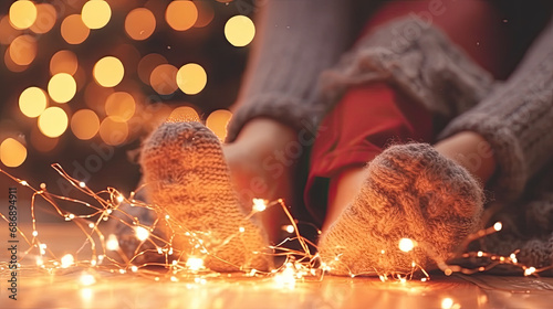 Joyful moments: Close-up of a woman's feet in woollen socks by the crackling Christmas fire. photo