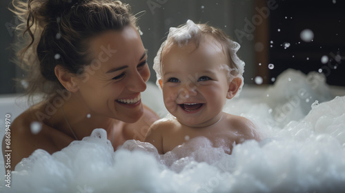 Obraz na płótnie Young toddler and his mom happily smiling enjoying their first bath together with bubbles childhood and motherhood joy w salonie