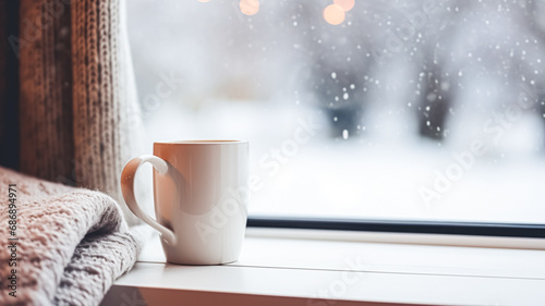 Winter holidays, calm and cosy home, cup of tea or coffee mug and knitted blanket near window in the English countryside cottage, holiday atmosphere