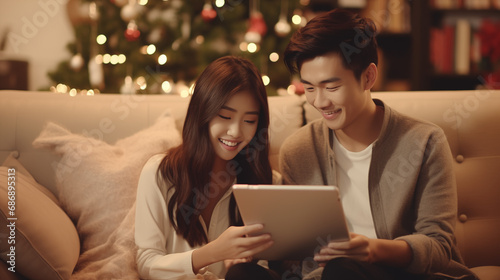Happy beautiful young asian couple - sitting on sofa holding tablet - doing Christmas shopping