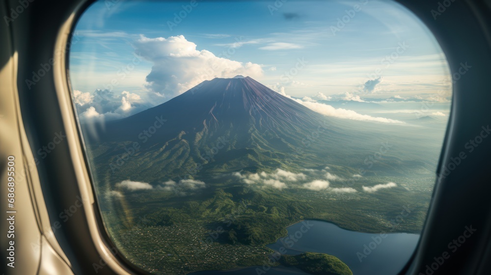 The aerial perspective of a volcano through the airplane window is stunning. - obrazy, fototapety, plakaty 