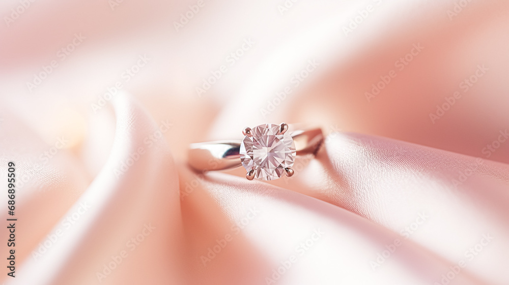 Obraz premium Jewellery, proposal and holiday gift, diamond engagement ring on pink silk fabric, symbol of love, romance and commitment