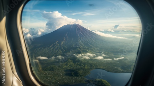 The aerial perspective of a volcano through the airplane window is stunning. photo