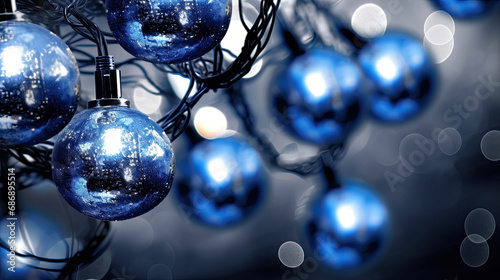 A captivating blend of holiday lights and dark blue hues in this Christmas garland photo. light backgroud