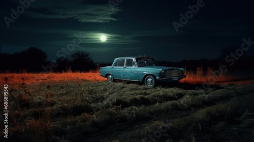 Car in the field at night with moonlight.