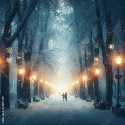 couple  men and women walking along a snowy park alley in the light of lanterns  winter