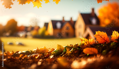 Abstract autumn scene and English country style house village on background, beautiful countryside nature with autumnal leaves and bokeh, generative ai