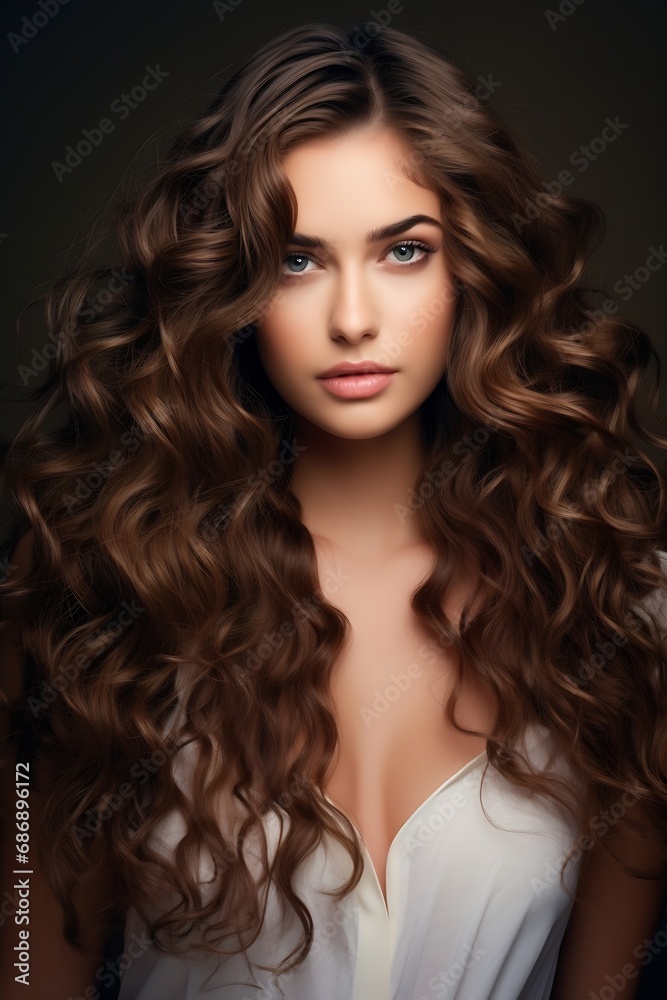 Generative AI : Brunette girl with long and shiny wavy hair . Beautiful model with curly hairstyle . Generative AI : Brunette girl with long and shiny wavy hair . Beautiful model with curly hairstyle .