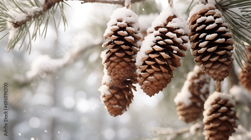 Generative AI : Snow-covered pinecones hanging from a tree branch.