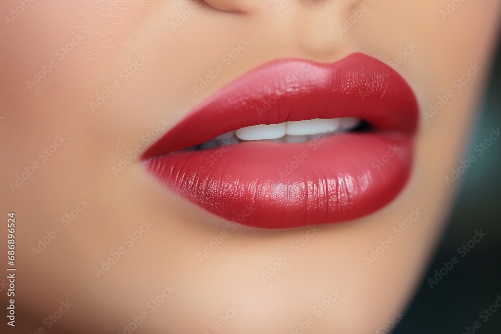 Generative AI : permanent lip makeup completes the lip makeup procedure with a close-up Generative AI : permanent lip makeup completes the lip makeup procedure with a close-up