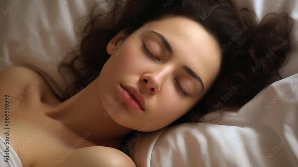 Generative AI : modern woman asleep in bed with closed eyes Generative AI : modern woman asleep in bed with closed eyes