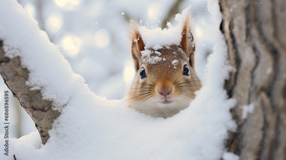 Generative AI : Squirrel on a tree trunk covered in snow, peering at the photographer Generative AI : Squirrel on a tree trunk covered in snow, peering at the photographer