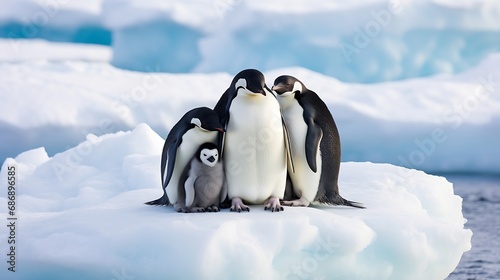 Generative AI : A large group of emperor penguins huddled together on an ice shelf photo
