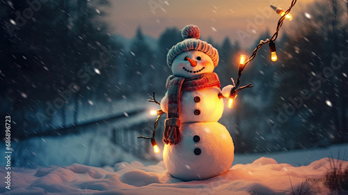 Snowman with a colorful scarf enjoying the winter landscape light backgroud