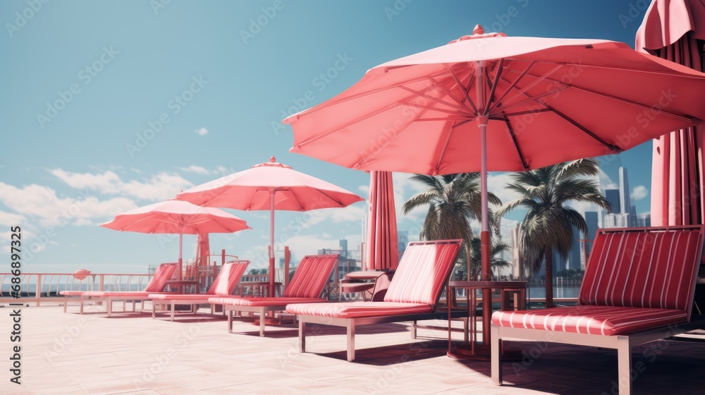 Beach chairs and umbrellas on the terrace of a luxury hotel