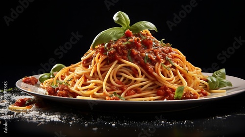 Generative AI : A tempting spaghetti on a slate plate against a white background.