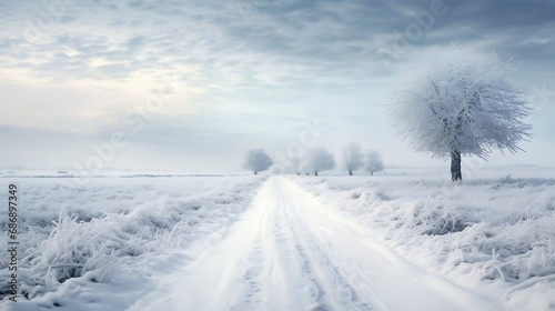 Generative AI : Snow-covered country road through the fields