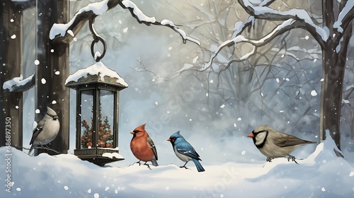 Generative AI : Group of birds gathering around a bird feeder in the snow. © The Little Hut