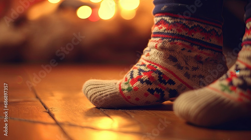 Wintertime serenity: Woman's feet stay warm in woollen socks as she unwinds by the Christmas hearth.