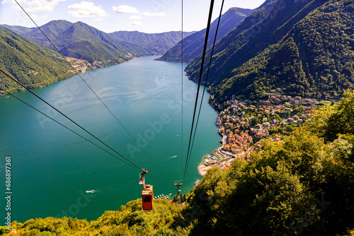 Spectacular Aerial View of Funivia Argegno-Pigra Cable Car and Tranquil Beauty at Lake Como, Italy photo