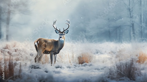 Generative AI : Deer covered in a light dusting of snow in a boreal forest in mid winter © The Little Hut