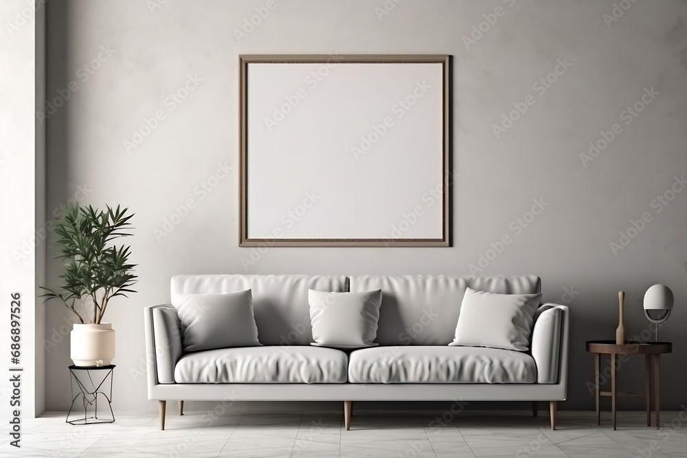 Fototapeta premium Interior poster mock up with vertical frame on the floor in home bedroom interior.