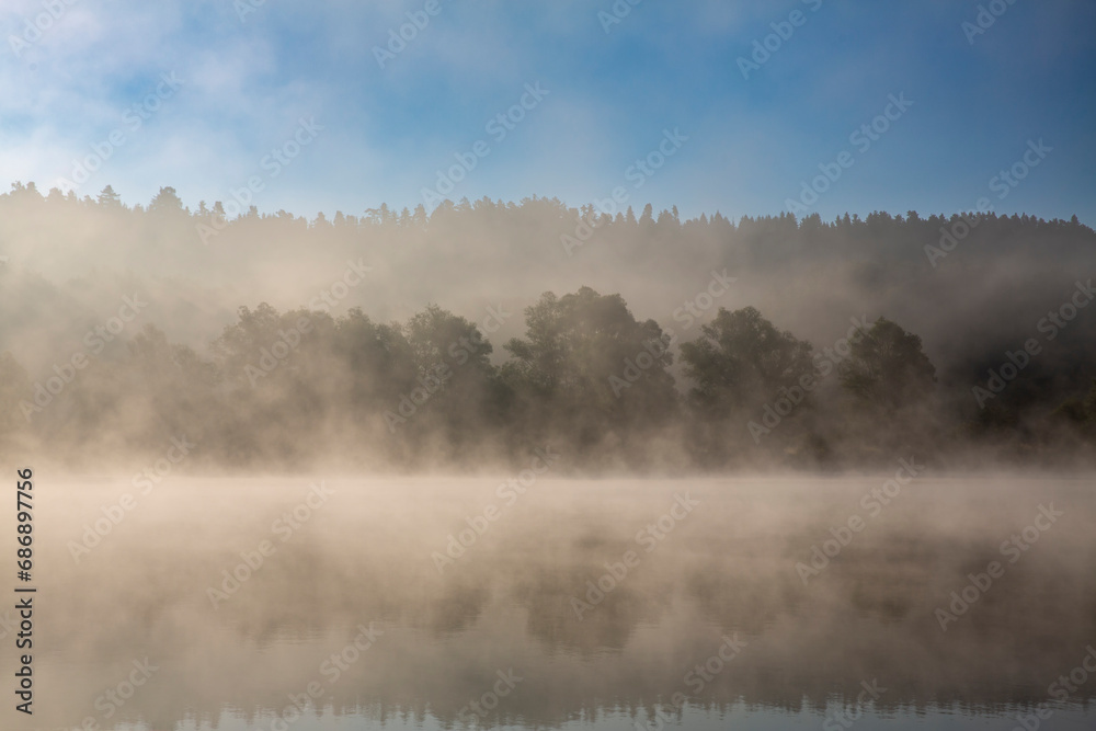 A foggy morning at the lake in the forest. Landscape.