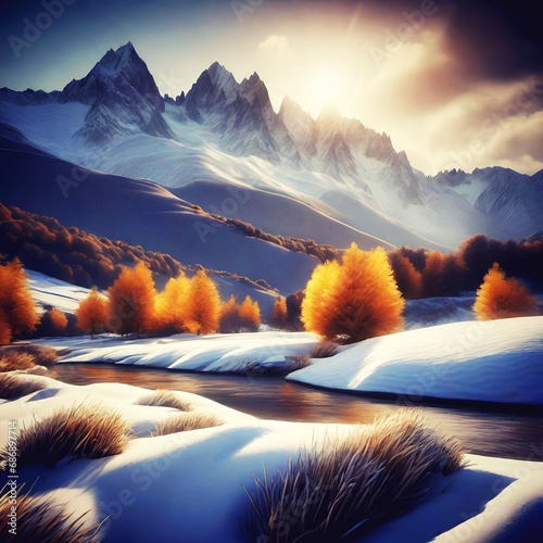 Snow Forest Mountain Tree Landscape Winter landscape. A serene winter landscape with a snow covered forest and mountain range, gleaming peaks, snow laden slopes