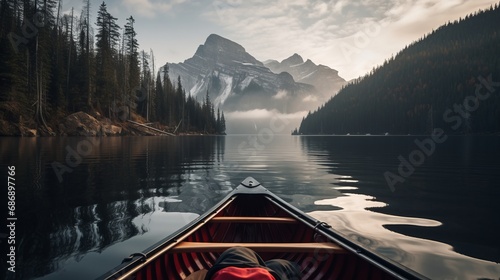Person seated in canoe sitting in mountain scenery mountain lake canoe ride, canoe lake in mountain canada.Generated AI. © Stefan95