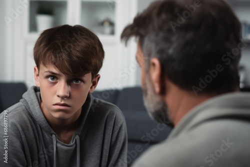 Close up caucasian man in front and upset guy behind sit at sofa to talk at home, offended teen son and middle aged father argument, adolescence problems, two generation conflict concept photo