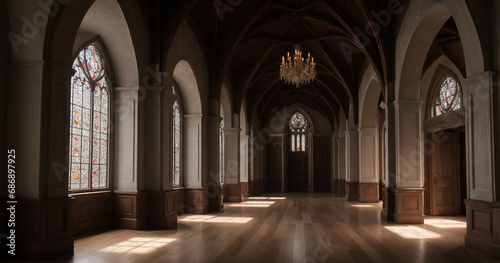 Neo-Gothic interior. Spacious  bright corridors