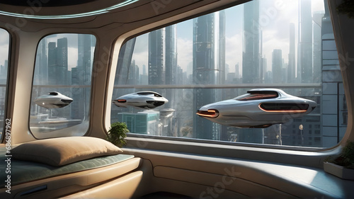 Ciudad futurista y moderna vista desde la ventana de un departamento, apartamento futurista con vista a la ciudad del futuro © Lucio
