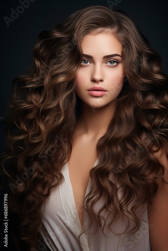Generative AI : Brunette girl with long and shiny wavy hair . Beautiful model with curly hairstyle .