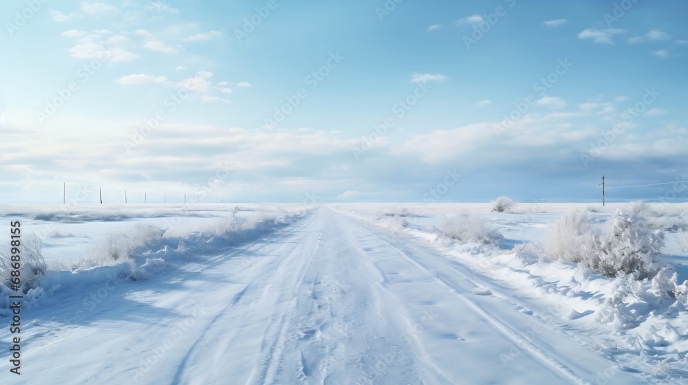 Generative AI : Snow-covered country road through the fields