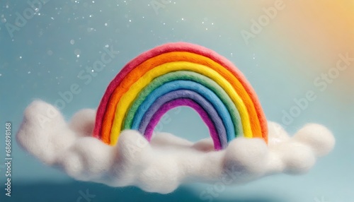 Wool felt miniature sculpture, a smiling rainbow floating in the air, bright picture. photo