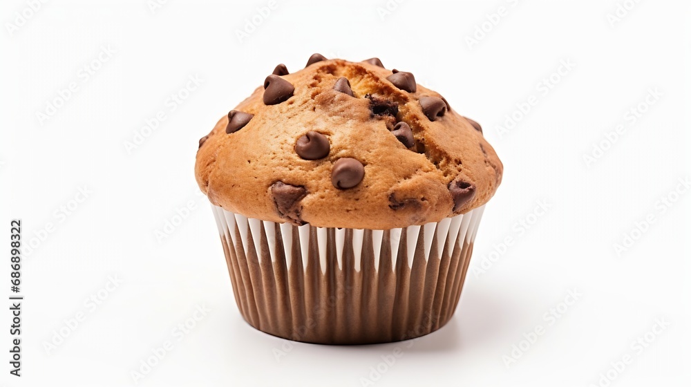 Generative AI : Chocolate chip muffins isolated on white background. top view Generative AI : Chocolate chip muffins isolated on white background. top view