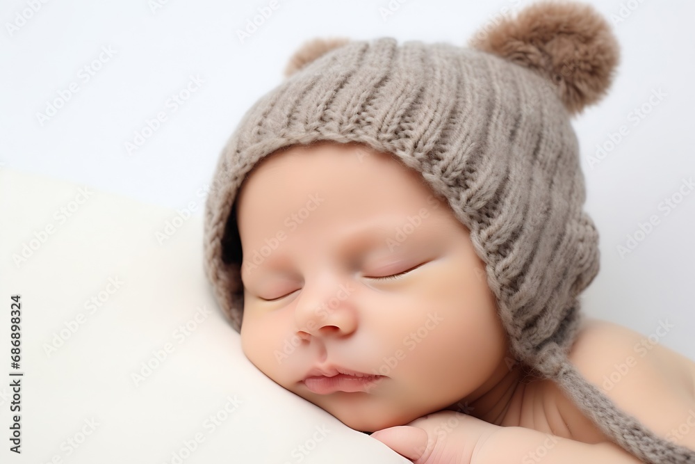 Generative AI : Sleeping newborn boy in the first days of life on white background Generative AI : Sleeping newborn boy in the first days of life on white background