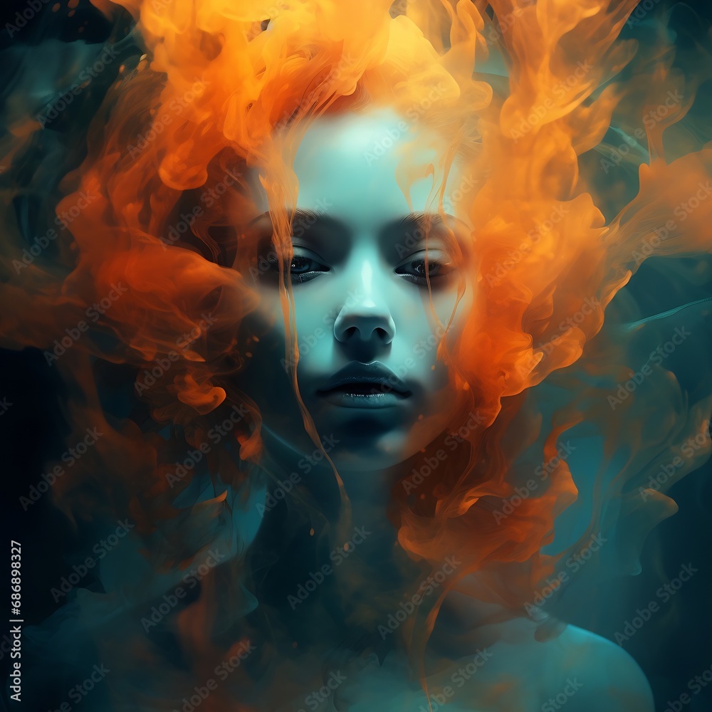 Generative AI : A cute girl with smoke in her face, in the style of dark orange and light cyan