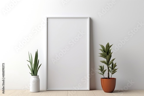 Home interior poster mock up with square gold metal frame and succulents on white wall background.