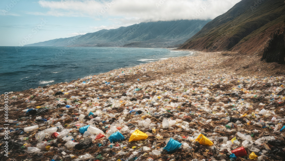 mountains of plastic garbage on the ocean, water pollution.