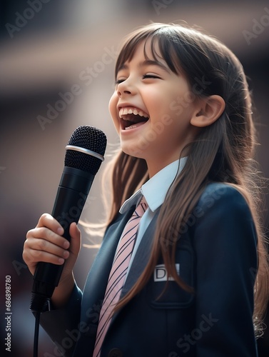 Generative AI : A happy 10 year old girl in school uniform holding a mic in her hand.