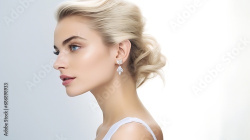 Generative AI : beautiful blonde woman wearing crystal ear studs surrounded by white background,
